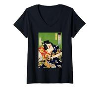 Femme Vintage Japonais Guerrier Samouraï Épée Culture Art T-Shirt avec Col en V