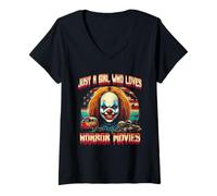 Femme Vintage Just Girl Qui Aime Les Films d'horreur Clown Halloween T-Shirt avec Col en V
