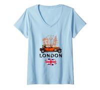 Femme Vintage London Car Shirts, London Sort Sleeve Graphic Outfit T-Shirt avec Col en V