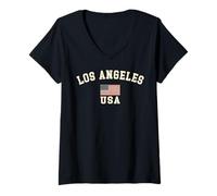 Femme Vintage Los Angeles USA Drapeau Américain LA Cool Souvenir Rétro T-Shirt avec Col en V