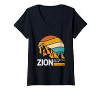 Femme Vintage Mountain Retro Sunset Zion National Park Utah Travel T-Shirt avec Col en V