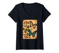 Femme Vintage Papillon Botanique Nature Fairycore Cottagecore T-Shirt avec Col en V