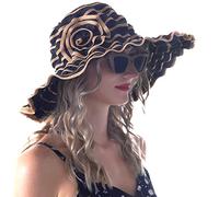 Femme Vintage Plage Chapeau de Soleil Pliage de Voyage Large Bord D'été Chapeaux (Noir/Marron,M)