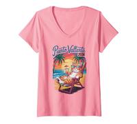 Femme Vintage Puerto Vallarta Cat 2026 BFF Vacay Voyage Vacances T-Shirt avec Col en V