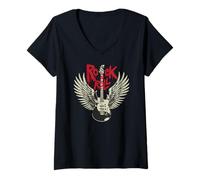 Femme Vintage Retro Style 70s 80s Guitar with Wings Rock and Roll T-Shirt avec Col en V