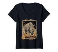 Femme Vintage Rhinocéros Charge Terre Tone Wildlife Nature Art T-Shirt avec Col en V