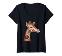 Femme Vintage Rouge Floral Girafe Patchwork Safari T-Shirt avec Col en V