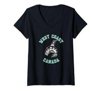 Femme Vintage Rouge Noir Haida Orca Whale Native T-Shirt avec Col en V