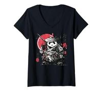 Femme Vintage Samouraï Panda Guerrier Japonais Style Ukiyo-e T-Shirt avec Col en V