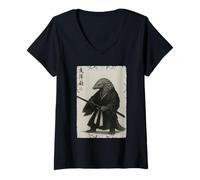 Femme Vintage Samouraï Pangolin Ukiyo-e Warrior Art Anime Rétro T-Shirt avec Col en V