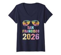 Femme Vintage San Francisco 2026 Voyage Plage Vacay Assorti T-Shirt avec Col en V