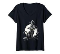Femme Vintage Scary Halloween Black Cat Witch Hat Moon T-Shirt avec Col en V