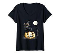 Femme Vintage Scary Halloween Black Cat Witch Hat Moon T-Shirt avec Col en V