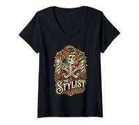 Femme Vintage Skeleton Hair Stylist Salon Barber Design T-Shirt avec Col en V
