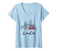 Femme Vintage Sketch Hand Drawn London T Shirt, London Landmarks T-Shirt avec Col en V
