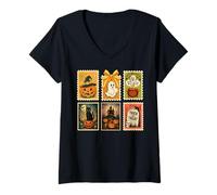 Femme Vintage Stamps Chemise Halloween Chat Chaudron Mignon T-Shirt avec Col en V
