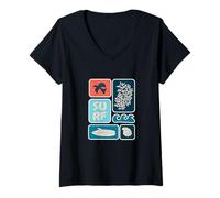 Femme Vintage Surf Plage Océan Icônes Summer Coastal Art T-Shirt avec Col en V