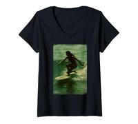 Femme Vintage Surfer-Girl - Retro Surf Art Ocean Wave-Rider T-Shirt avec Col en V