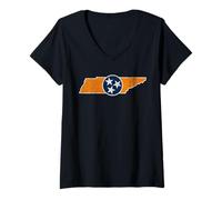 Femme Vintage Tennessee State Outline Tri Star Emblem Distressed T-Shirt avec Col en V