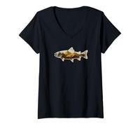 Femme Vintage Truite Poisson Montagne Forêt Nature Art T-Shirt avec Col en V