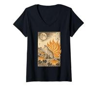 Femme Vintage Ukiyo-e Mythologie Japonaise Fox Sumi-e T-Shirt avec Col en V