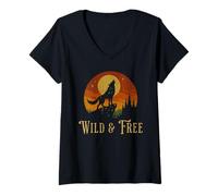 Femme Vintage Wolf Wild et Free Retro Sunset Nature Amoureux T-Shirt avec Col en V