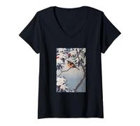 Femme Vintage Woodblock Tee Art Graphique Japonais T-Shirt avec Col en V