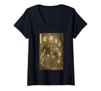 Femme Vintage Yokai Ghost Parage Japonais Edo Oni Demon Halloween T-Shirt avec Col en V