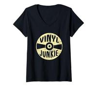 Femme Vinyl Junkie Amateur de Disques Disc Jockey Album Musique T-Shirt avec Col en V