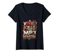 Femme Vinyl Kills The MP3 Industry - Musique pour Les Amateurs de disques T-Shirt avec Col en V