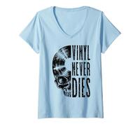 Femme Vinyl Never Dies Vintage Record Collector Gothic Skull LP T-Shirt avec Col en V