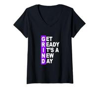Femme Violet Get Ready It's A New Day - Grind Purple Graphic T-Shirt avec Col en V