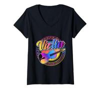 Femme Violon Musical rétro coloré avec Cordes T-Shirt avec Col en V