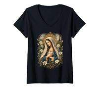 Femme Virgin Mary Lily Floral Vintage Catholique Art Dévotionnel T-Shirt avec Col en V