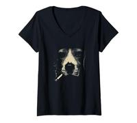 Femme Visage de Chien fumant avec Cigarette Abstrait Minimal T-Shirt avec Col en V