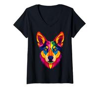 Femme Visage de dingo coloré ancien chien australien animal sauvage noir T-Shirt avec Col en V