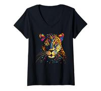 Femme Visage de léopard coloré Jaguar Animal Big Cats Panther Noir T-Shirt avec Col en V