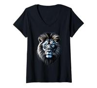 Femme Visage de lion aux yeux bleus brillants Amoureux du lion T-Shirt avec Col en V