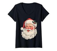 Femme Visage de Père Noël à l'ancienne Noël Vintage Noël 2025 T-Shirt avec Col en V