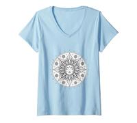 Femme Visage de Soleil Mandala avec géométrie Florale sacrée T-Shirt avec Col en V