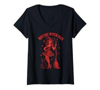 Femme Visage de sorcière au Repos pour Halloween T-Shirt avec Col en V