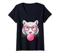 Femme Visage de Tigre avec Lunettes de Soleil Roses Animaux Sauvages Jungle Vibes T-Shirt avec Col en V