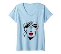 Femme Visage féminin abstrait avec rouge à lèvres rouge à lèvres abstrait art T-Shirt avec Col en V