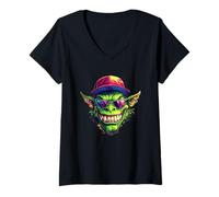 Femme Visage Ogre vibrant avec casquette et lunettes cool T-Shirt avec Col en V