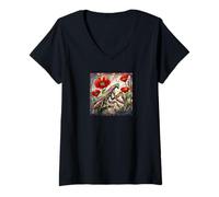 Femme Vitrail en Verre teinté Coquelicot Vibrant Insecte Fleur T-Shirt avec Col en V