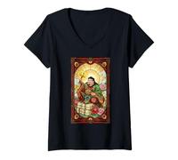 Femme Vitrail Mythologie Japonaise Daikokuten Shinto Dieu T-Shirt avec Col en V