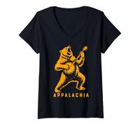 Femme Viva Appalachia Black Bear Banjo Player Retro T-Shirt avec Col en V