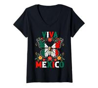 Femme Viva Mexico Drapeau mexicain Papillon Jour de l'indépendance Mexique T-Shirt avec Col en V
