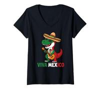 Femme Viva Mexico Independence Dinosaure Sombrero Drôle Enfant mexicain T-Shirt avec Col en V