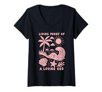 Femme Vivant Preuve d'un Dieu Aimant Plage Vague océan chrétien T-Shirt avec Col en V